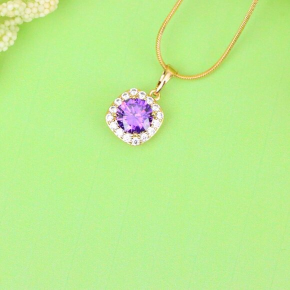 "Purple Round Stone Pendant in Gold Plated Brass with Crystal Halo, XPPT1772 - Picture 12 of 13